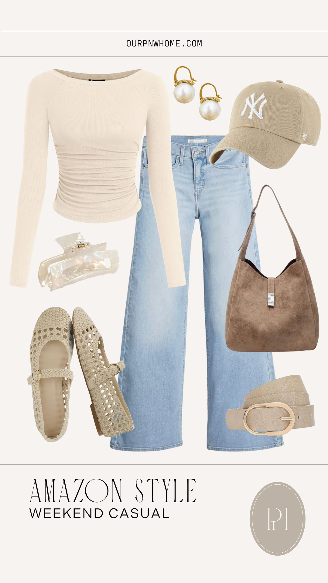 Wardrobe basics from Amazon that make for a great casual weekend look!

Amazon fashion, fall fashion, neutral fashion, fall looks, weekend errands look, fall outfit, casual outfit, wide leg jeans, wide leg denim, flared jeans, light wash jeans, neutral baseball cap, pearl earrings, white long sleeve top, tan belt, white flats, white jaw clip 

 #LTKFindsUnder50 #LTKStyleTip #LTKItBag