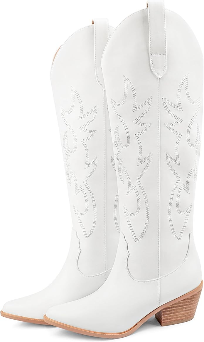 Zzheels Embroidered Western Cowboy Boots for Women Ankle High Cowgirls Chunky Heel Pointed Toe Pu... | Amazon (US)
