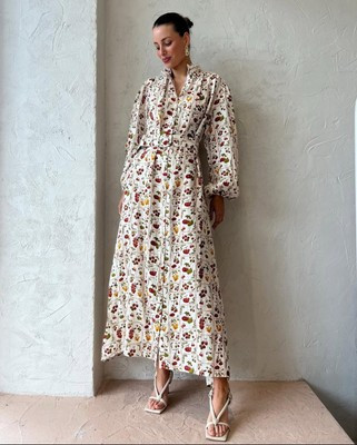 Palm Noosa Noddy Linen Long Sleeved Maxi Dress Size AU 10 Tomato Tiles | eBay | eBay US