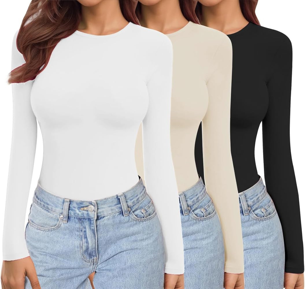 Ekouaer Womens 3 Pack Long Sleeve Shirts Crew Neck Stretch Fitted Underscrubs Trendy Basic Tops L... | Amazon (US)