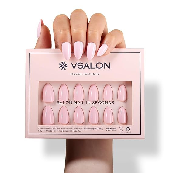 Press on Nails Short Almond - Solid Pink Cream Finish Design, Reusable Fake Nails with Nail Glue,... | Amazon (US)