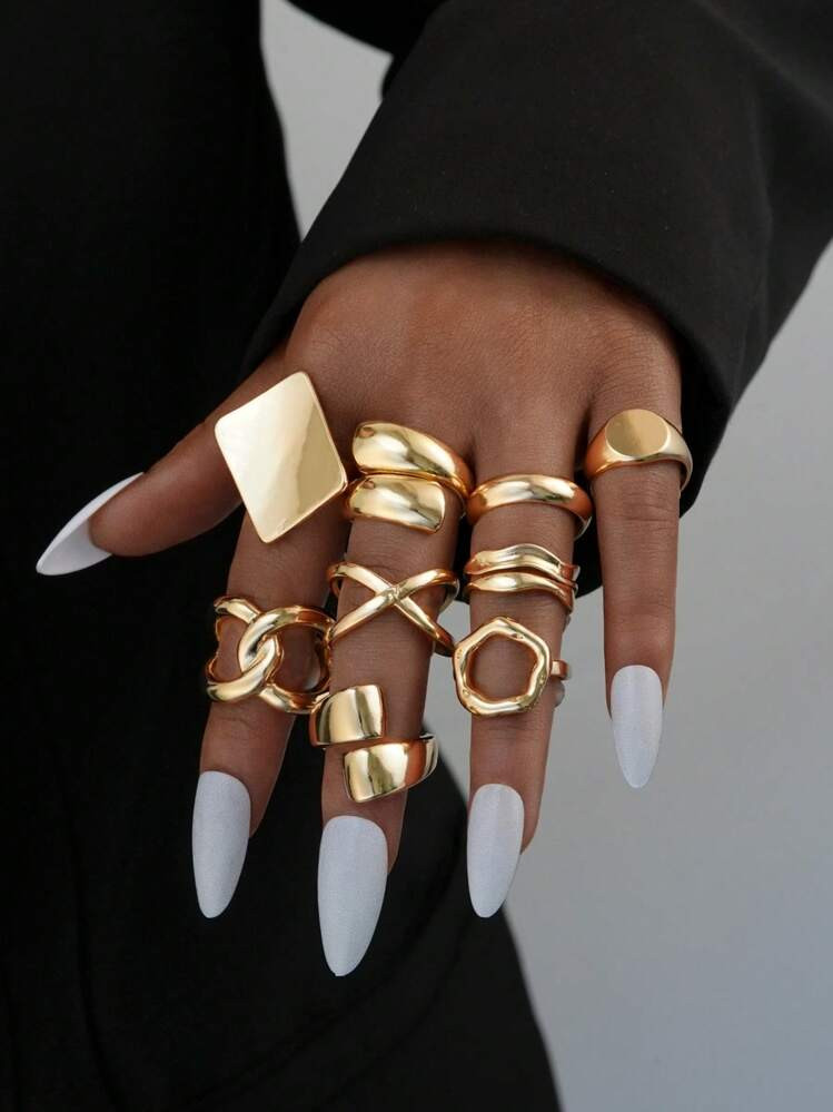 9pcs Women's Gold-Tone Ring Set, Vintage Fashion Exaggerated Geometric Asymmetrical Line Hollow Smooth Open Adjustable Multi-Piece Stacking Rings Set, Suitable For Ladies Holiday, Party, Date, Gift, Daily Matching | SHEIN