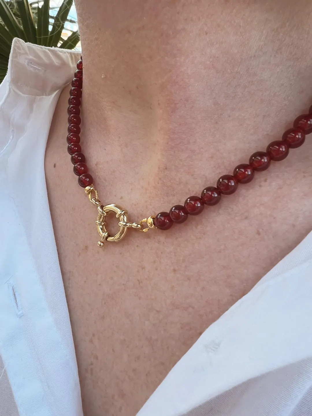 Genuine Red Agate Gemstone Beaded Necklace With Large Nautical Style 15mm Round Spring Ring Gold ... | Etsy (US)