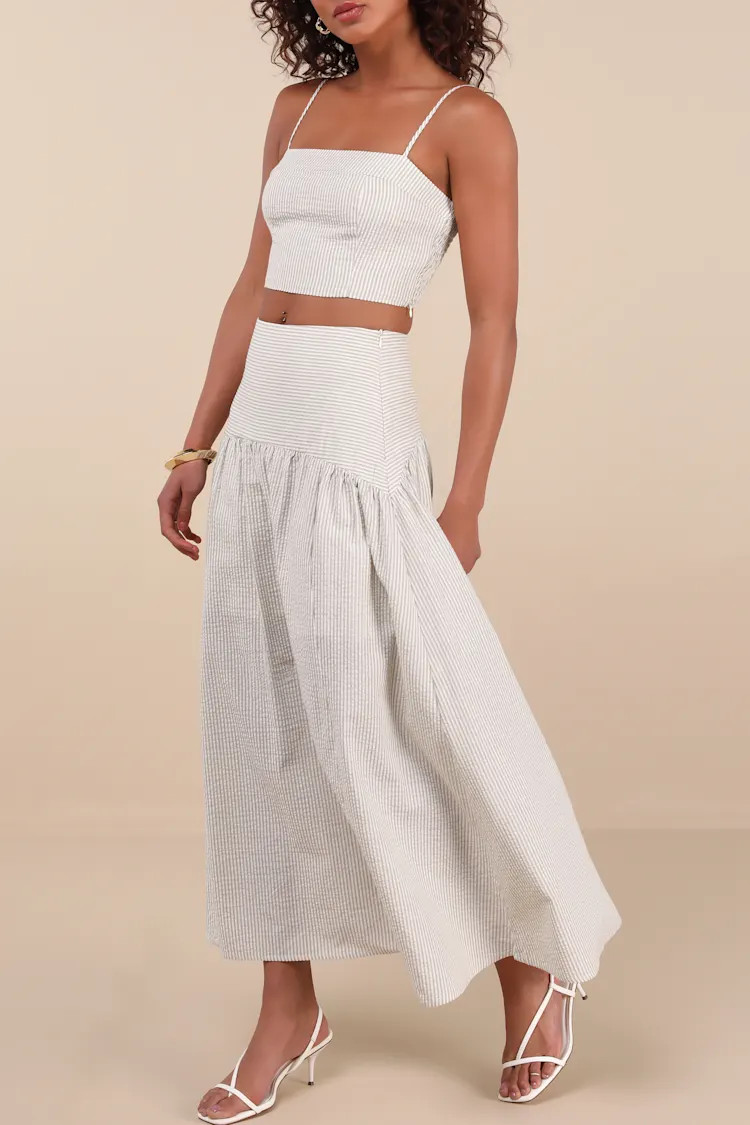 Sabino Beige Striped Drop Waist Two-Piece Midi Dress | Lulus