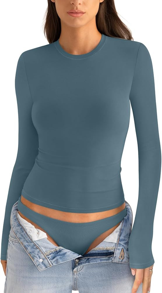 Womens Cotton Long Sleeve Shirts Crew Neck Slim Fit Basic Going Out Crop Outfits for Spring Fall ... | Amazon (US)