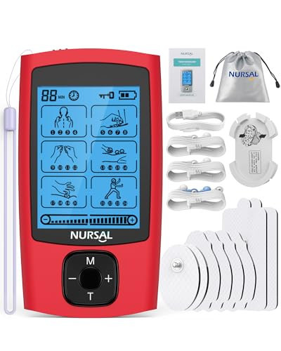 NURSAL 24 Modes TENS Unit Muscle Stimulator, Rechargeable Electronic Pulse Massager with 8 Pads for Back and Shoulder Pain Relief and Muscle Strength (Red) | Amazon (US)