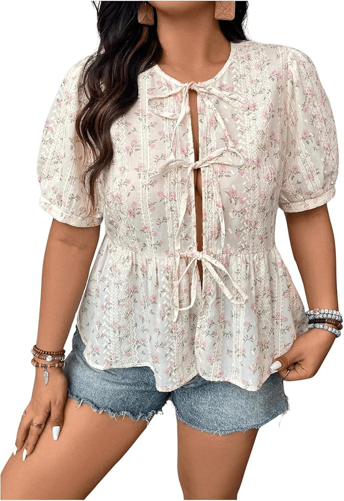 WDIRARA Women's Plus Size Floral Print Peplum Blouse Puff Short Sleeve Bow Front Babydoll Shirt | Amazon (US)