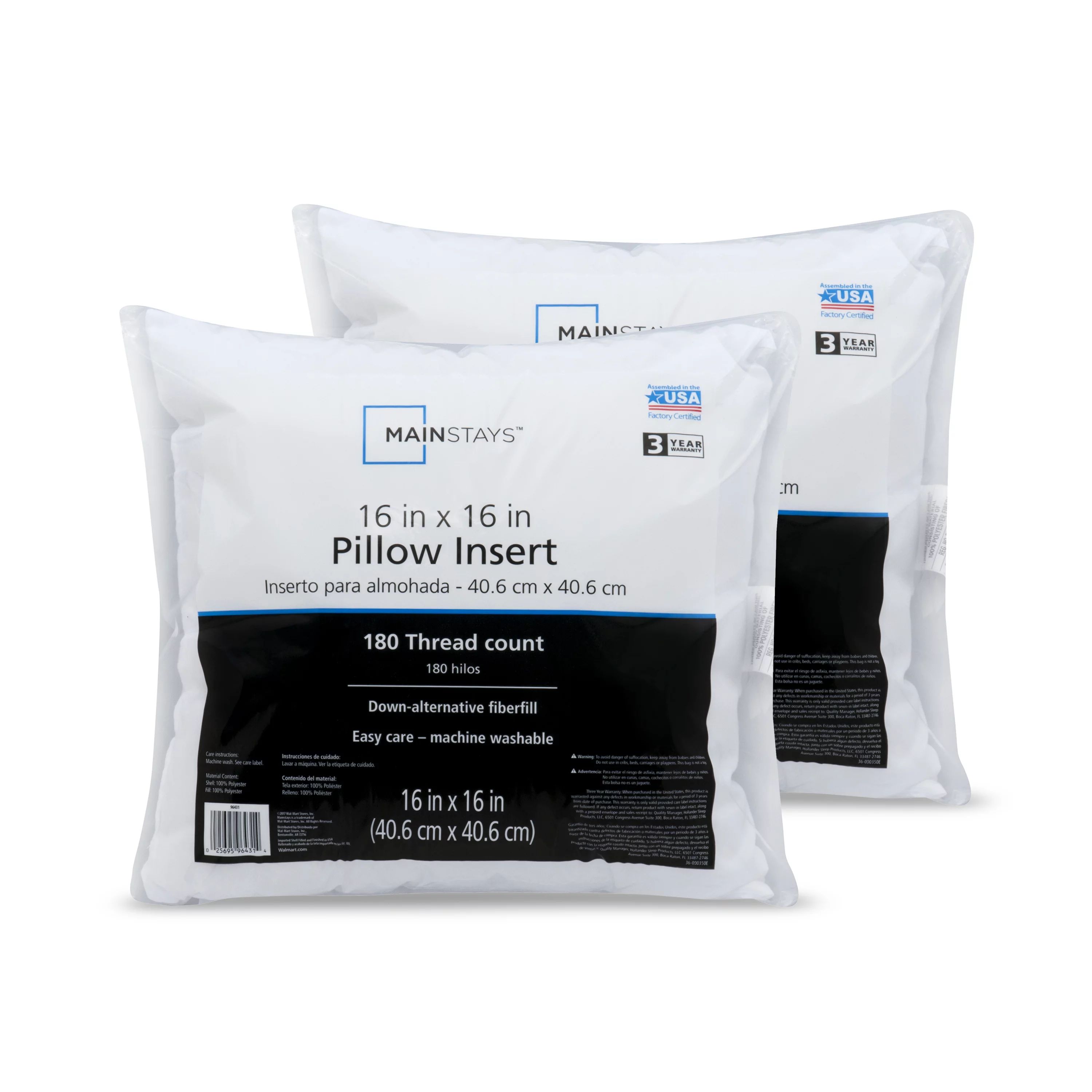 Mainstays Decorative Pillow Insert 100% Polyester 16" x 16" Set of 2 | Walmart (US)