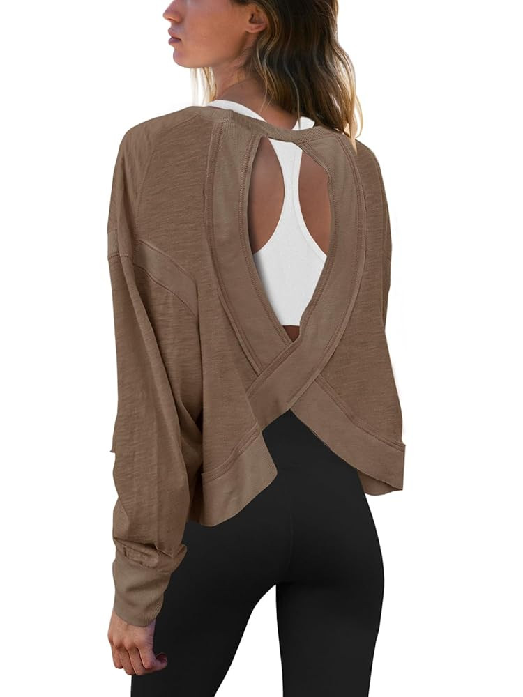 Panadila Womens Open Back Workout Top Long Sleeve Athletic Shirts Casual Crop Running Tee Y2k Yog... | Amazon (US)