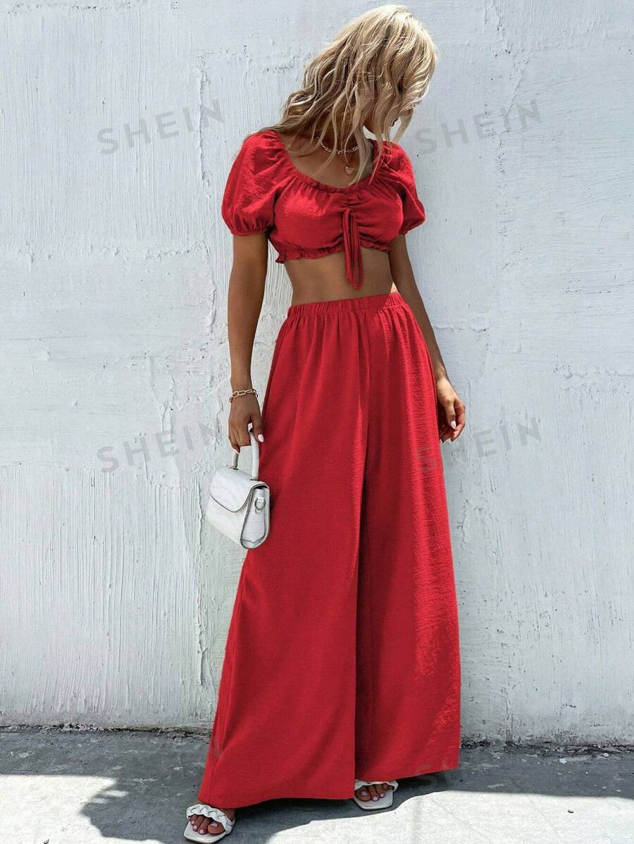 SHEIN VCAY Women Holiday Leisure Solid Color Bubble Sleeve Crop Top And Wide Leg Pants Two-Piece ... | SHEIN