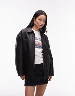 Topshop faux leather zip through 80s jacket with patch pockets in black | ASOS (Global)
