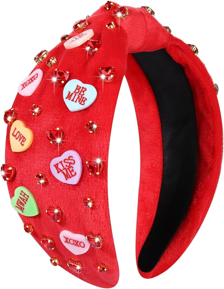 BSJELL Valentine's Day Headbands for Women XOXO LOVE Heart Headband Pink Red Heart Crystal Knotte... | Amazon (US)