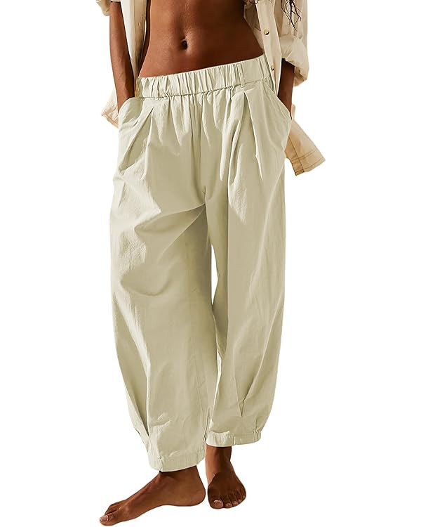 SCUSTY Womens Baggy Wide Leg Pants Cotton Linen Casual Elastic Waisted Palazzo Harem Beach Trouse... | Amazon (US)