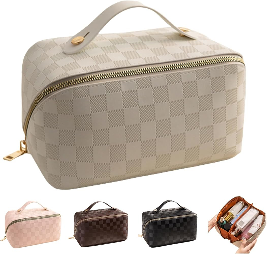 Large Capacity Travel Cosmetic Bag Travel Cosmetic Bag for Women Makeup Bag With Handle PU Leathe... | Amazon (US)