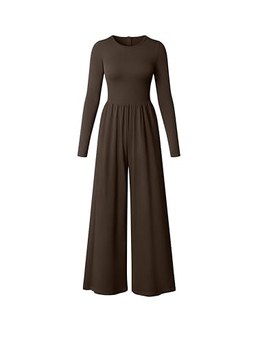 OQQ Womens Jumpsuits Dressy One Piece Outfits Long Sleeve Crew Neck Casual Wide Leg Pants Jumpsuits Darkbrown | Amazon (US)