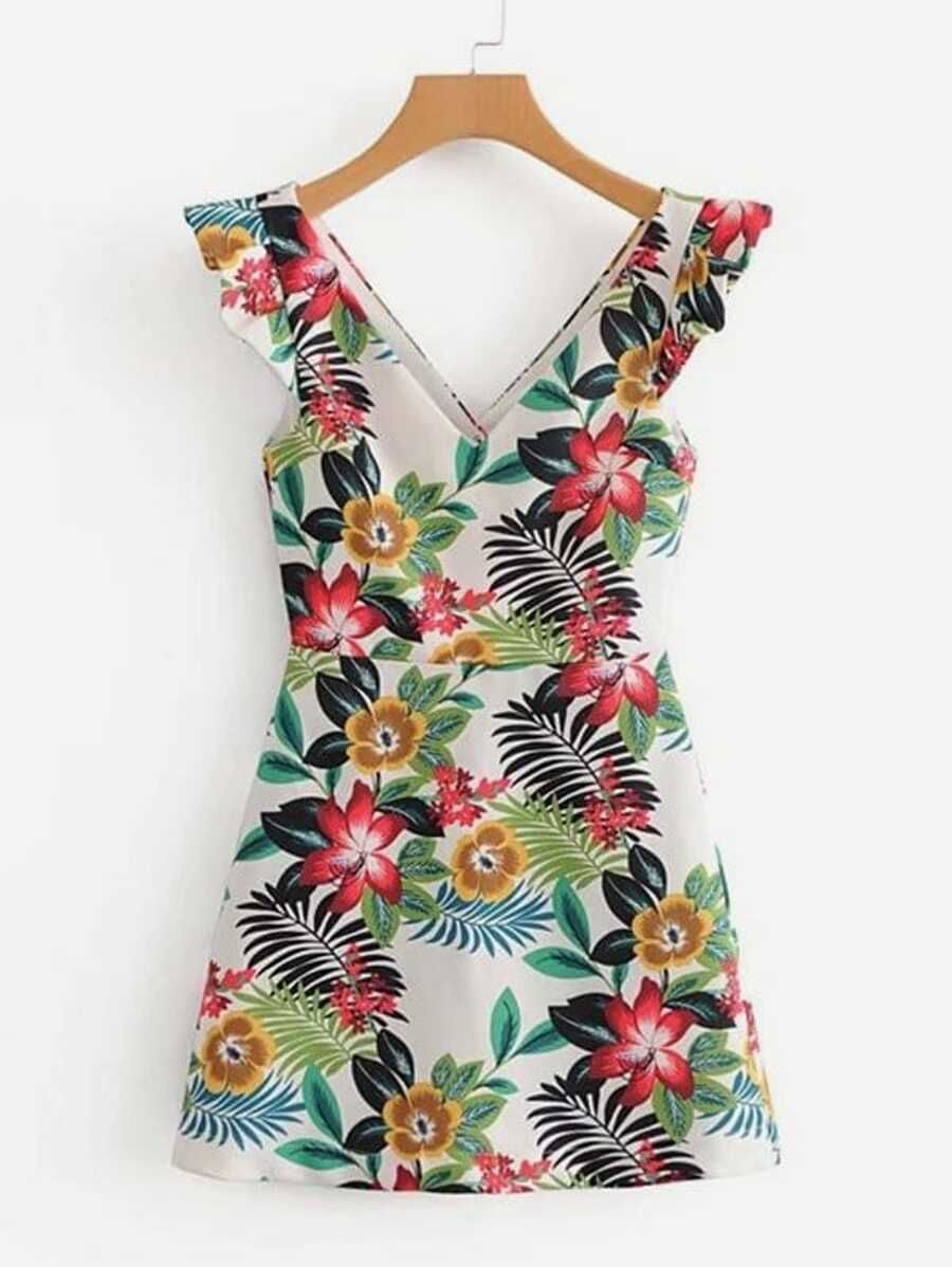 Botanical Print Ruffle Trim Dress | SHEIN