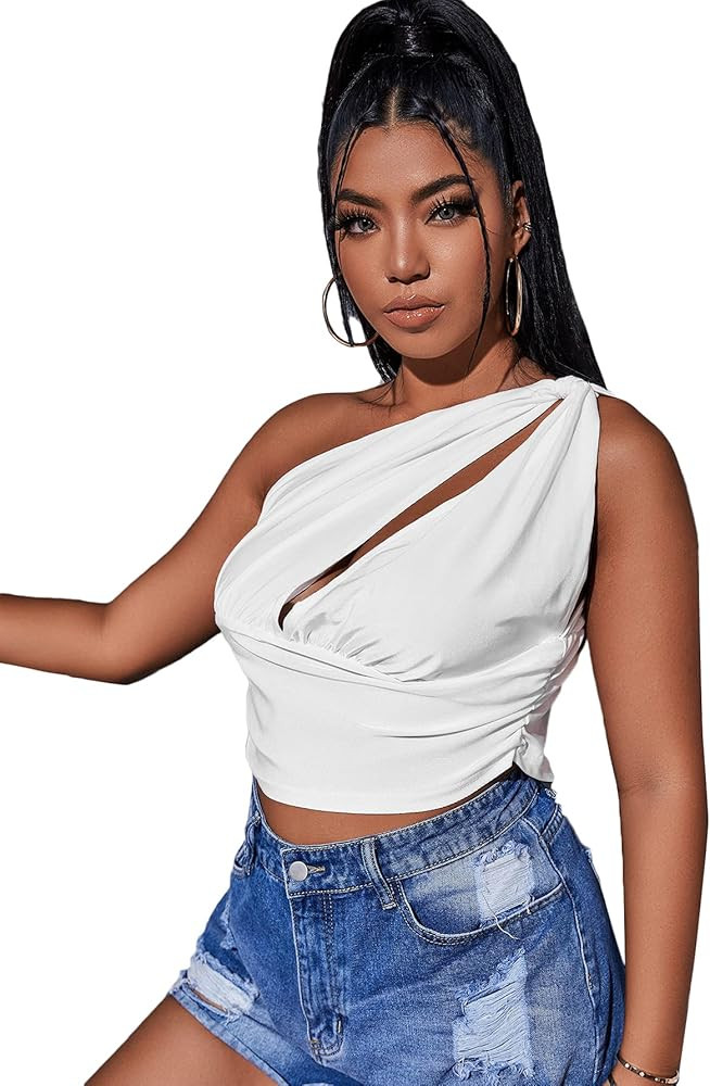 Romwe Women's Plus Size One Shoulder Crop Tops Sleeveless Cutout Tank Top | Amazon (US)