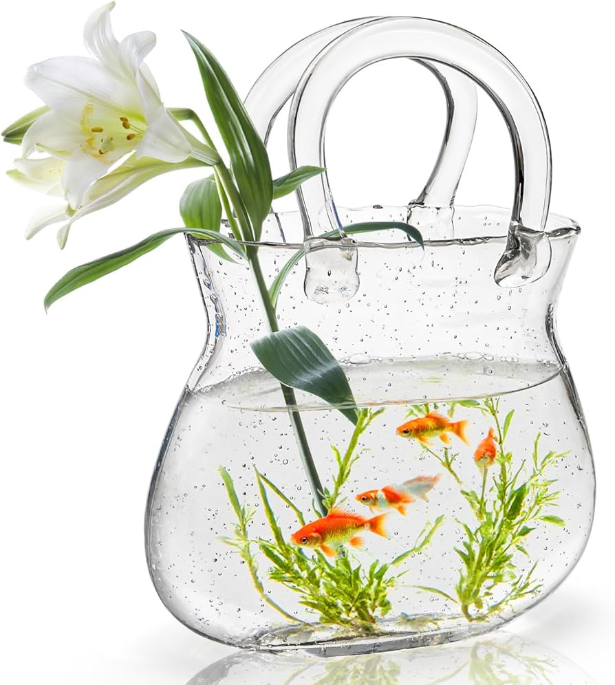 Glass Purse Vase for Flowers, Clear Bag Vase with Handle, Unique Handbag Shape Decorative Fish Bo... | Amazon (US)