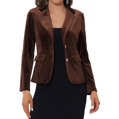 INSPIRE CHIC Women's Notched Lapel Vintage Office Button Front Velvet Blazer Large Brown | Target
