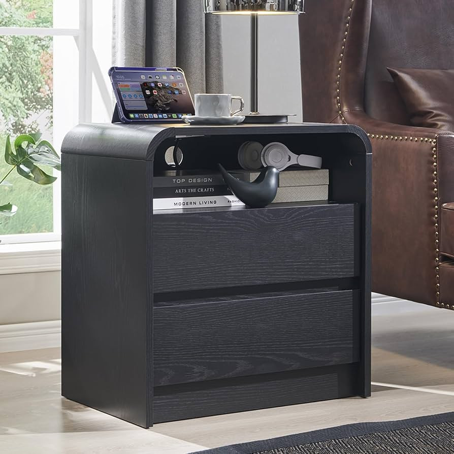 25" Tall Modern Nightstand with Charging Station, 23.6'' Wide Wood Bedside Table w/2 Storage Draw... | Amazon (US)