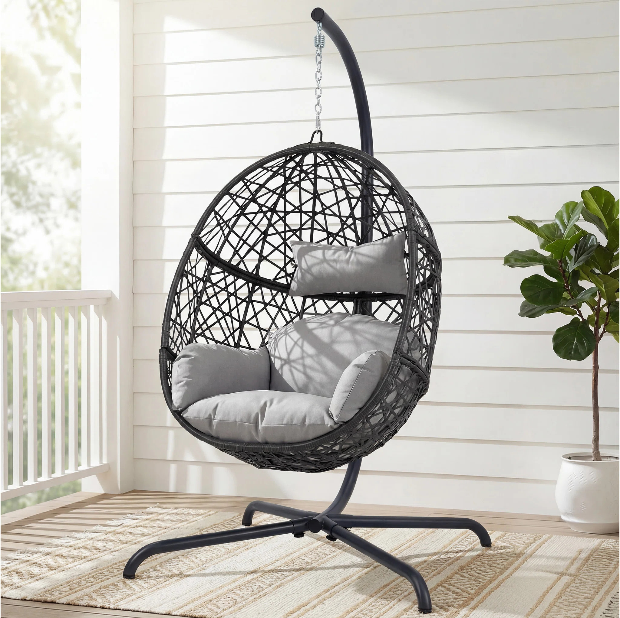 Chylie Outdoor / Indoor Oversized Hanging Egg Chair with Stand Wicker Porch Swing Chair with Cush... | Wayfair North America
