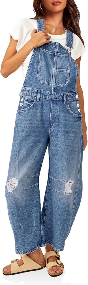 PLNOTME Womens Denim Bib Overalls Barrel Leg Adjustable Strap Jean Pants Jumpsuits with Pockets | Amazon (US)