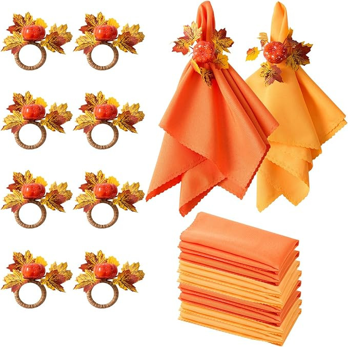 Fall Napkins, Fall Napkins Set of 16, Thanksgiving Napkin Rings Set of 8 PCS & 8 PCS Fall Cloth N... | Amazon (US)