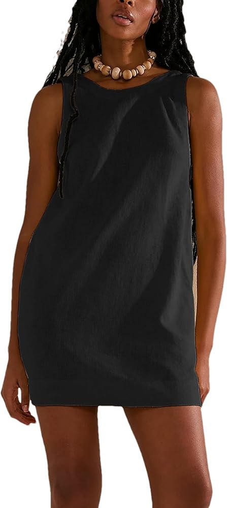 Womens Summer Crew Neck Sleeveless Open Back Dress Casual Beach Sunshine Cotton Linen Mini Dress | Amazon (US)