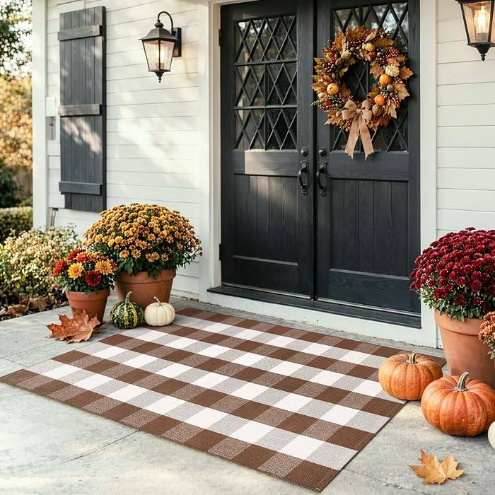 Fall Buffalo Plaid Outdoor Rugs 3x5, Brown and White Porch Rug | Amazon (US)