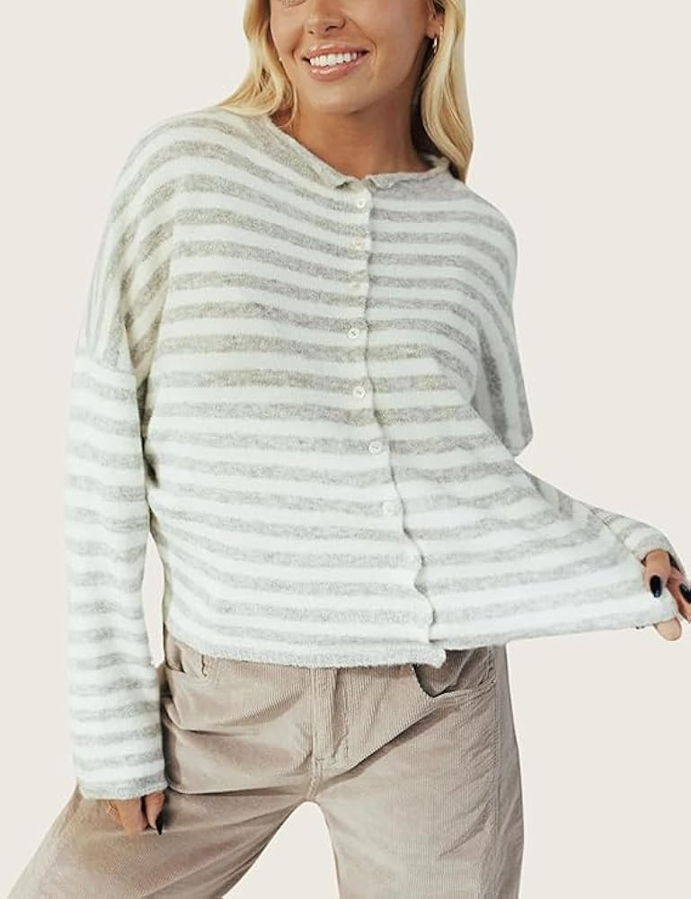 Esmeling Women Button Down Striped Cardigan Crew Neck Long Sleeves Sweater Open Front Knit Outerw... | Amazon (US)