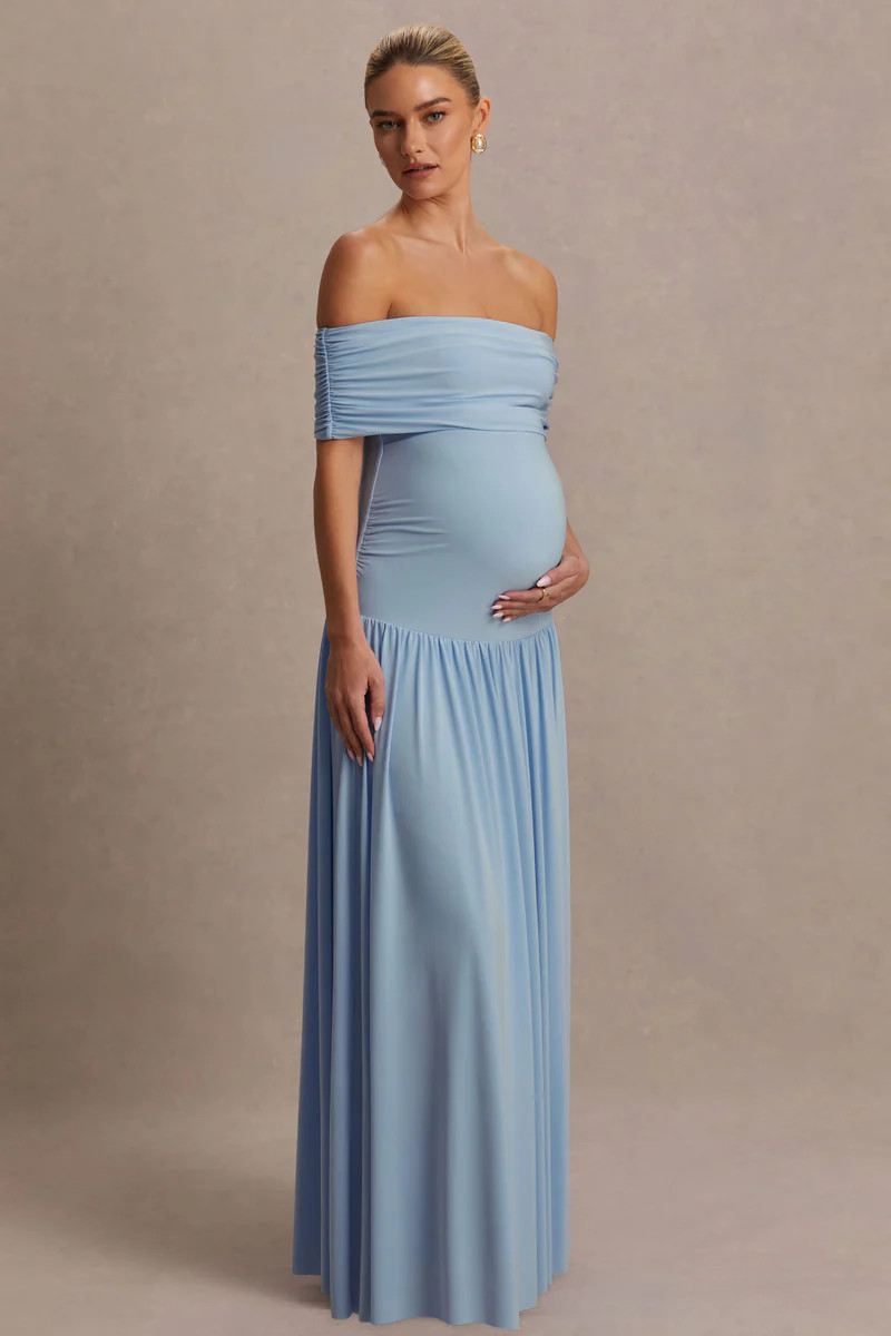 Juliette  Powder Blue Bardot-Neck Maternity Maxi Dress With Drop-Waist | Club L London