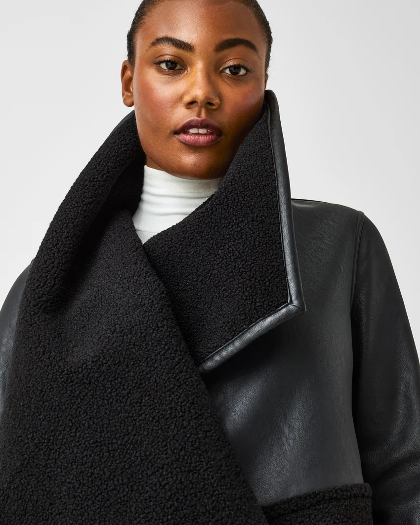 Fleece & Faux Leather Long Wrap Jacket | Spanx