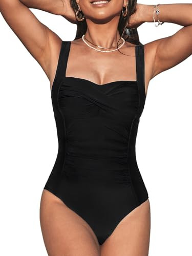 CUPSHE Women's One Piece Swimsuit Tummy Control Bathing Suit Square Neck Front Wrap Adjustable Wide Straps, XS Black | Amazon (US)