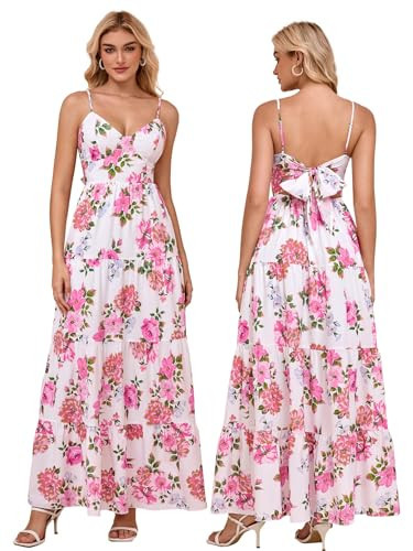 HTZMO Women Casual Summer Floral Maxi Sundress V Neck Spaghetti Strap Bow Tie Backless Flowy Boho Beach Long Dress 2026 Pinkprint S | Amazon (US)