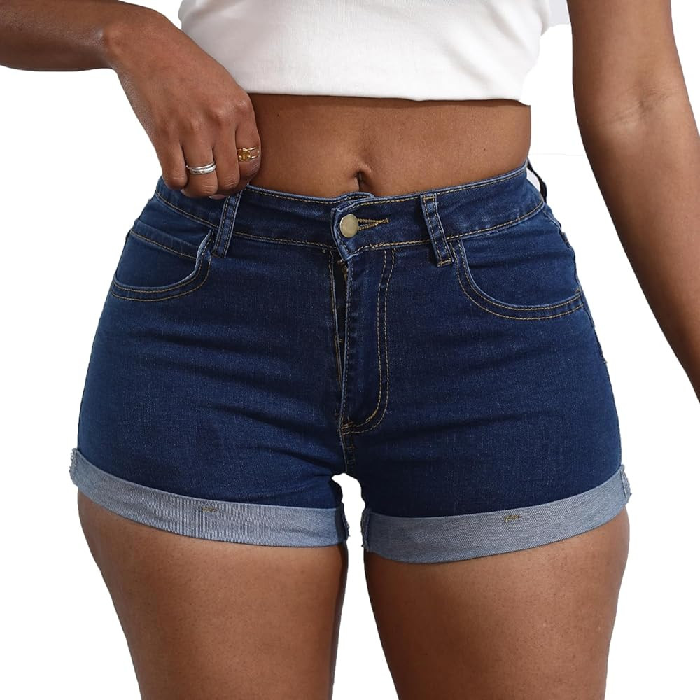 Women's Casual Stretchy Denim Shorts High Waisted Folded Hem Jeans Shorts | Amazon (US)