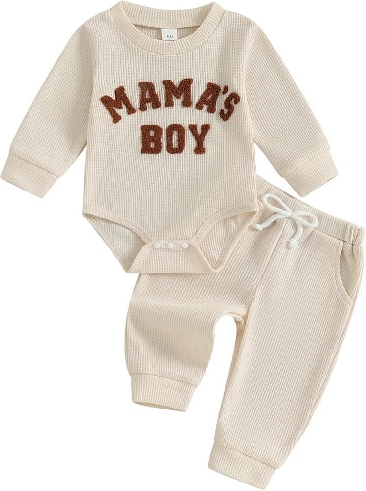 MERSARIPHY Newborn Baby Boy Fall Winter Clothes Mama's Boy Little Dude Outfit Embroidery Waffle K... | Amazon (US)