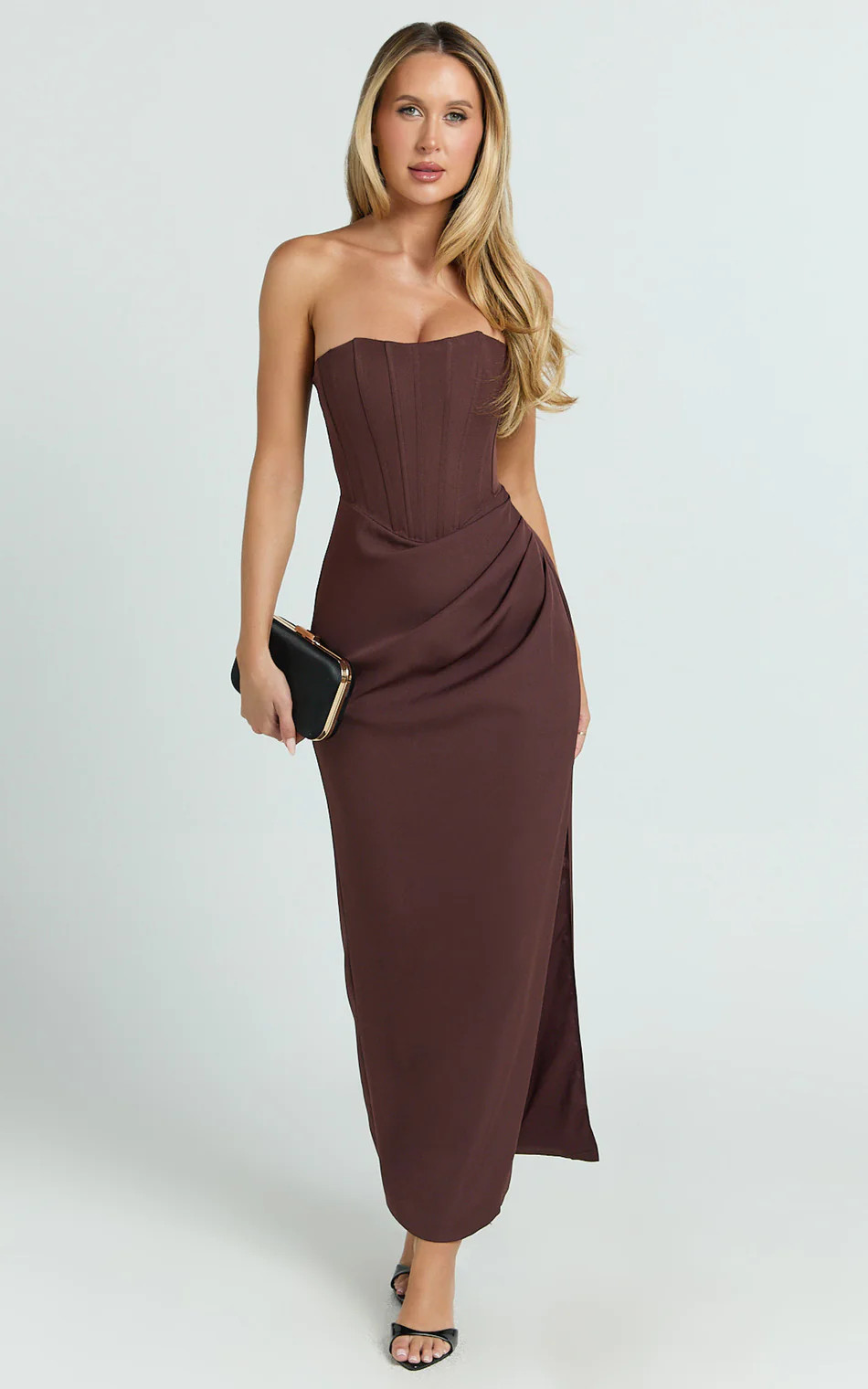 Avery Midi Dress - Strapless Draped Side Split Dress in Chocolate | Showpo (US, UK & Europe)