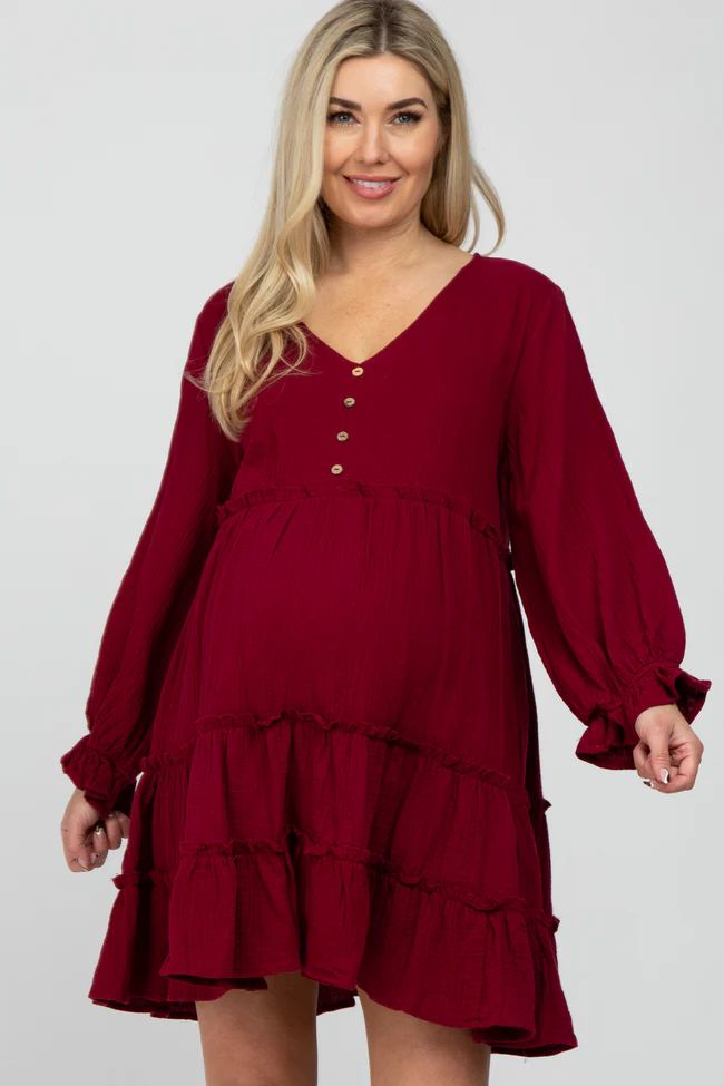 Burgundy Button Accent Long Sleeve Tiered Maternity Dress | PinkBlush Maternity