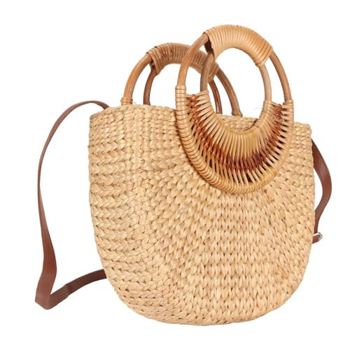 Handwoven Rattan Bag, Straw Bags for Women, Hand Woven Straw Small Bag Round Handle Tote, Retro Summer Beach Bag, Wicker Woven Tote Bag, Boho Straw Handle Tote | Amazon (US)