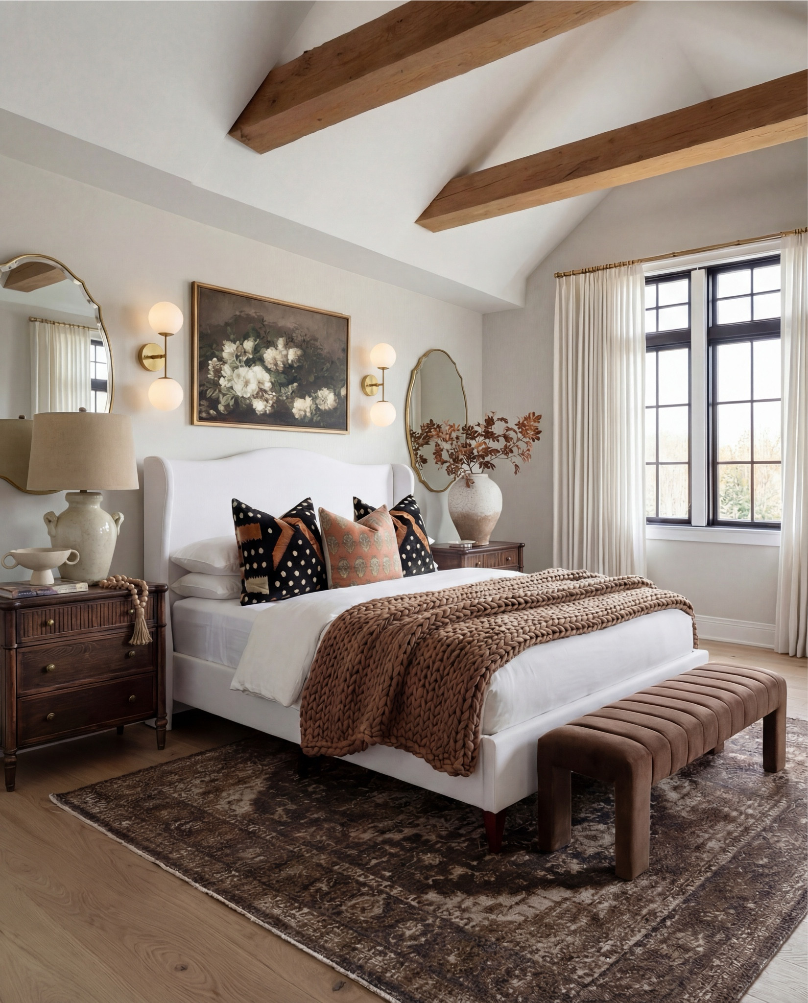 Shop the Look:
• White upholstered wingback bed frame
• White cotton duvet cover + pillow shams
• Textured throw pillows (rust + black patterned)
• Chunky knit throw blanket (warm brown)
• Vintage-style brown area rug
• Dark wood nightstands with brass knobs
• Ceramic table lamp (neutral glaze)
• Brass globe wall sconces
• Framed floral artwork (muted tones)
• Arched brass wall mirrors
• Upholstered bench at foot of bed (camel brown)
• Cream accent chair with wood arms
• Black fluted dresser with brass pulls
• Round black fluted end table 
•Fecor books 
• Large ceramic floor vase (earthy clay tone)
• Decorative wood bead garland
• Sheer white curtain panels
•Round decor bowl tray 
•Wood jewellery box 
•Terracotta bowl 

#LTKHome #LTKSaleAlert