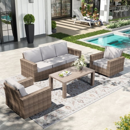 Sophia & William 4 Pieces Patio Furniture Set with Swivel Chairs 5.5" Thick Cushions 5-Seat Wicker Outdoor Conversation Set | Walmart (US)