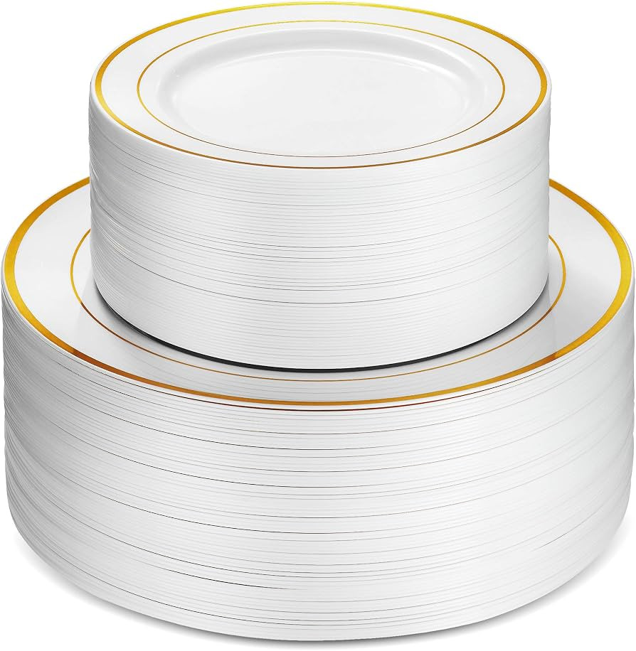 Munfix 100 Piece Plastic Party Plates White Gold Rim, 50 Premium Heavy Duty 10.25 Inch Dinner Pla... | Amazon (US)