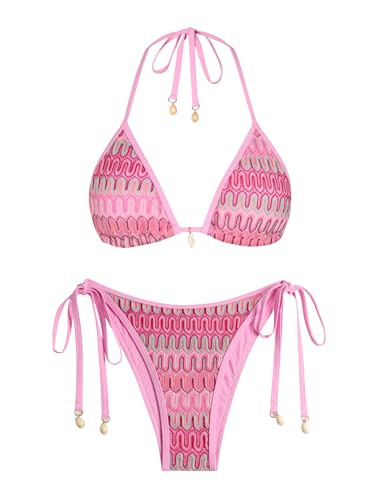 ZAFUL Women's Colorblock Stripes Triangle Halter Tied Textured Bikini Set | Amazon (US)