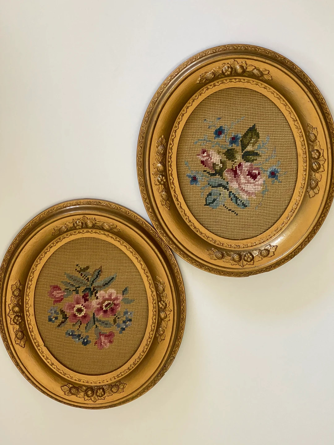 Antique Floral Needlepoint Gold Oval Frame - Etsy | Etsy (US)