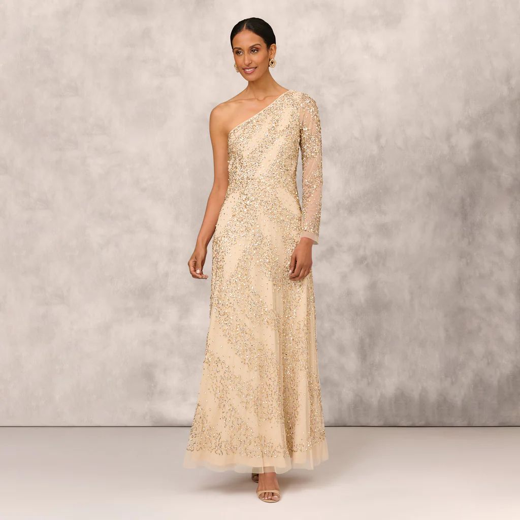 One Shoulder Beaded Gown With Long Sleeve In Light Gold | Adrianna Papell