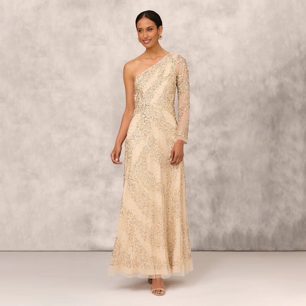 One Shoulder Beaded Gown With Long Sleeve In Light Gold | Adrianna Papell