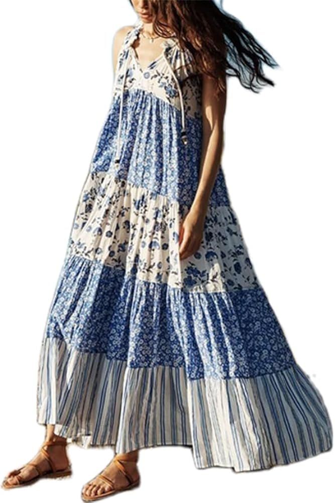 Womens Floral Maxi Bodycon Dress 2024 Boho Flowy Going Out Slip Dress Y2k Graffiti Spaghetti Stra... | Amazon (US)