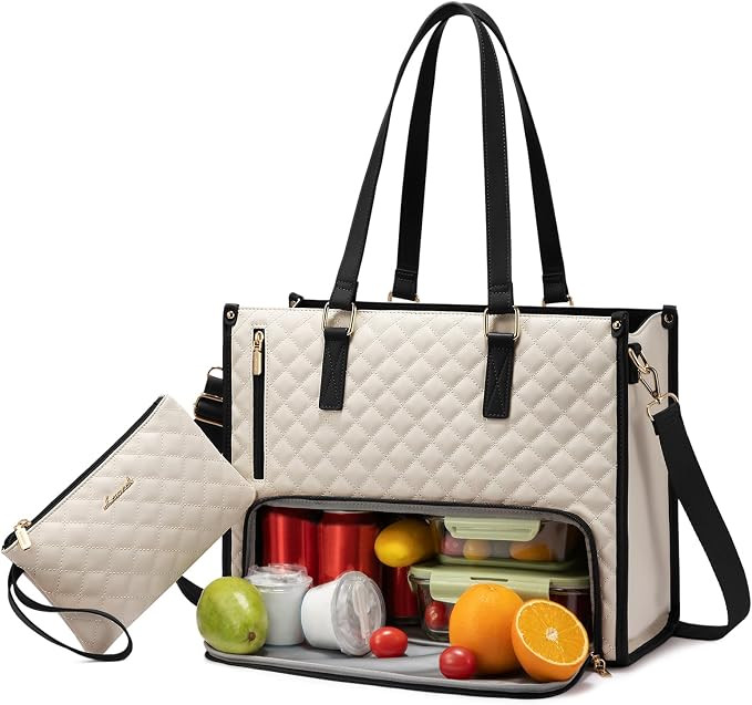 LOVEVOOK Lunch Tote Bag for Women, 15.6 Inch Laptop Bag with Insulated Lunch Compartment, Quilted... | Amazon (US)