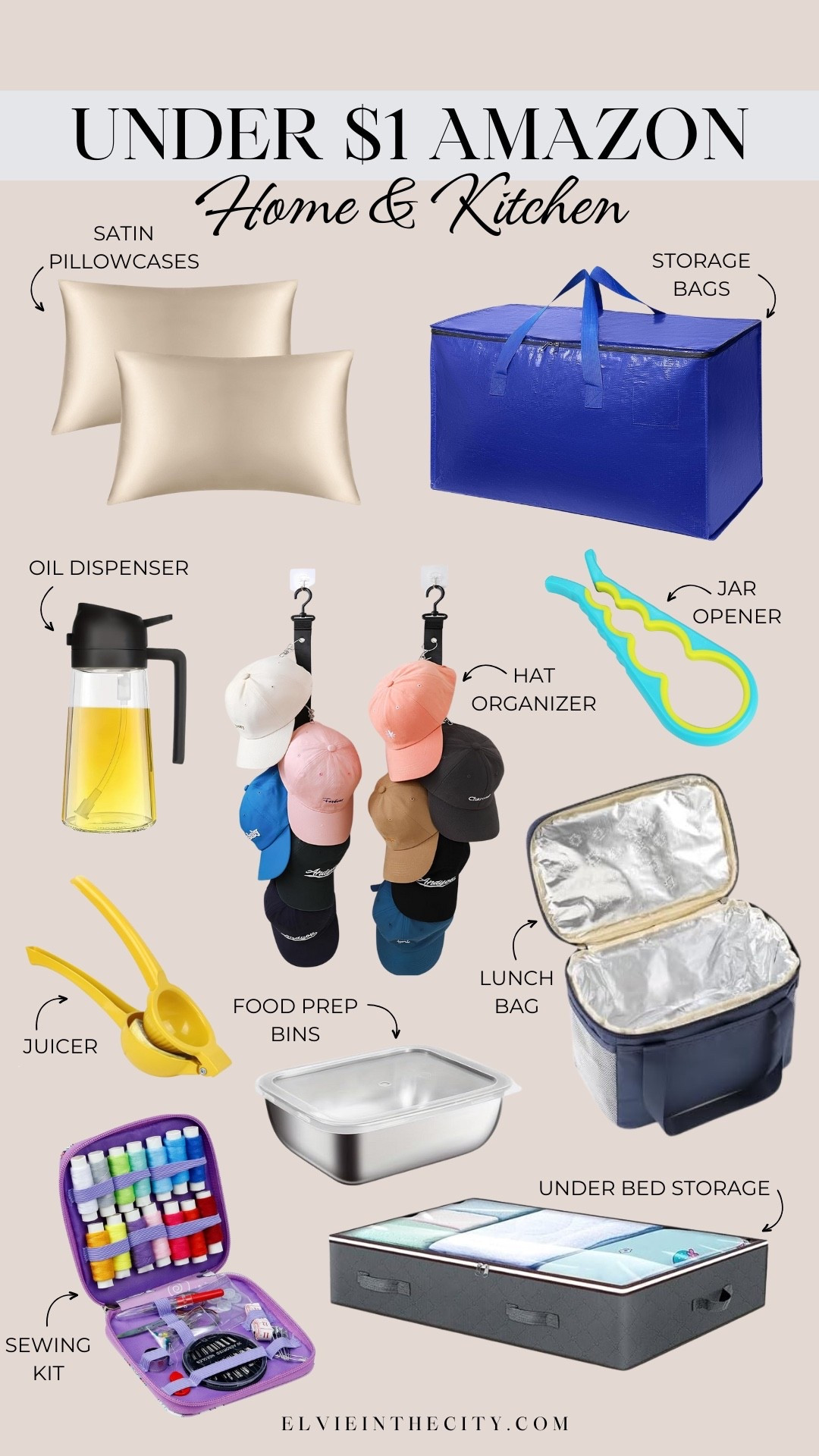 Home and kitchen finds under $1 on Amazon - November 10 and 11 only! Picks include a set of satin pillowcases, storage bags, an oil dispenser, hat organizer, jar opener, juicer, food prep bins, a lunch bag, sewing kit, and under bed storage.

Amazon home, amazon sale, kitchen finds

#ad
#founditonamazon
@Amazon

#LTKSaleAlert #LTKHome #LTKStyleTip