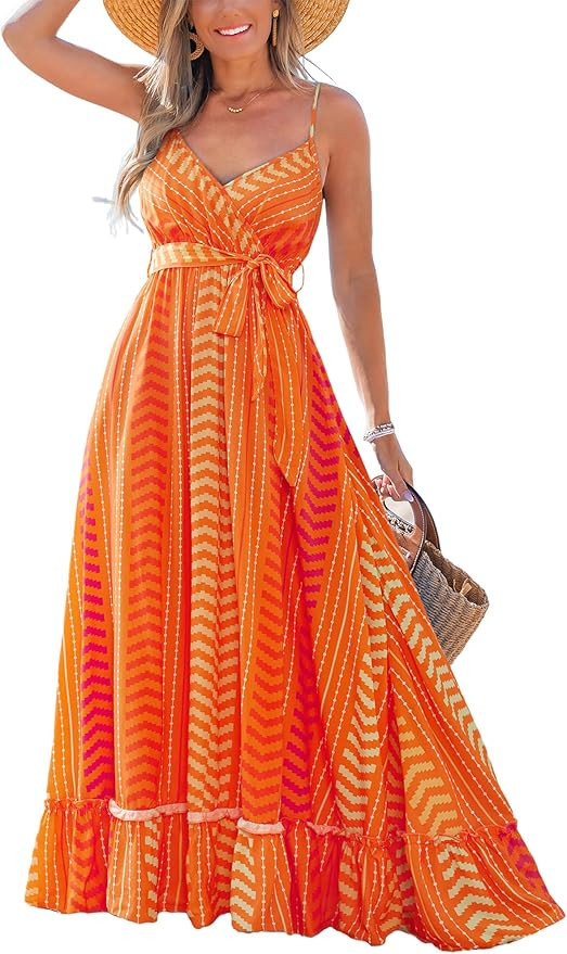 CUPSHE Women Maxi Dresses Spaghetti Straps V Neck Sleeveless Belted Beach Boho Ruffled Summer Poc... | Amazon (US)